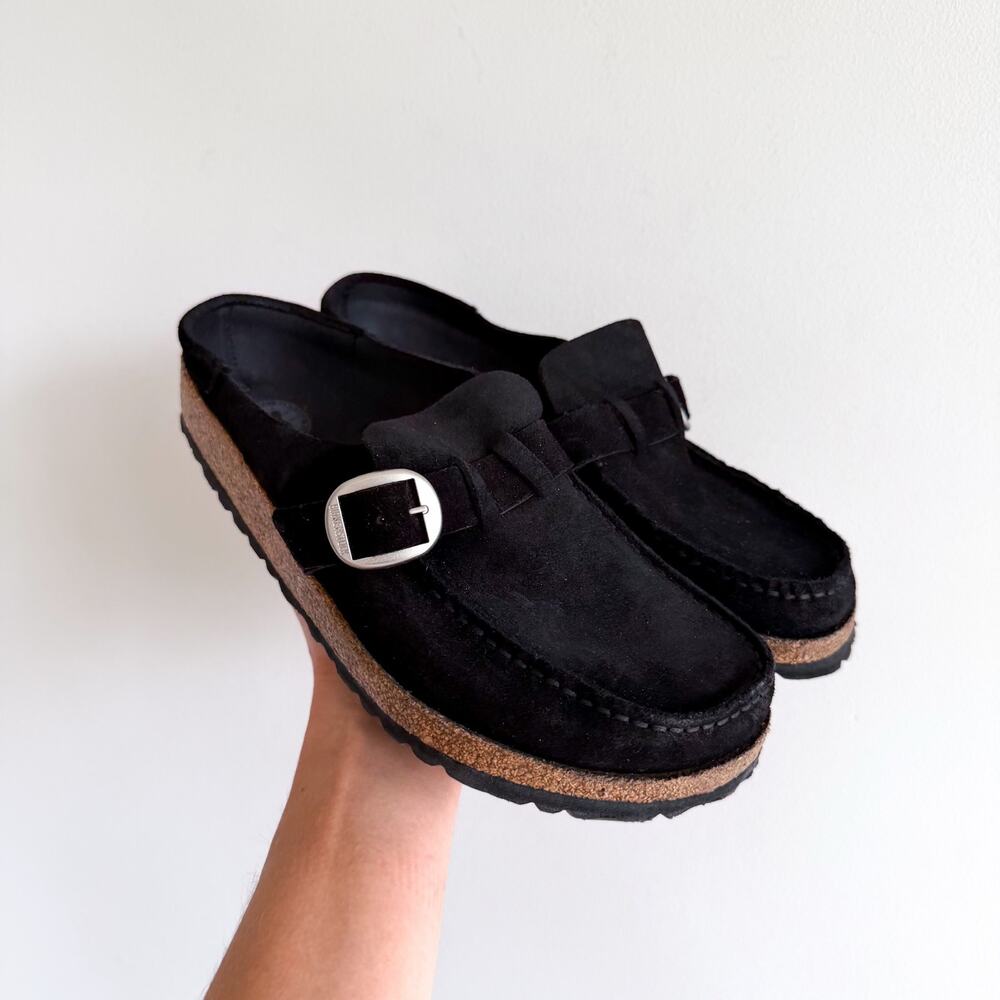 Birkenstock Buckley Suede Leather Semi-Open Slip On Clog Black 8 NEW